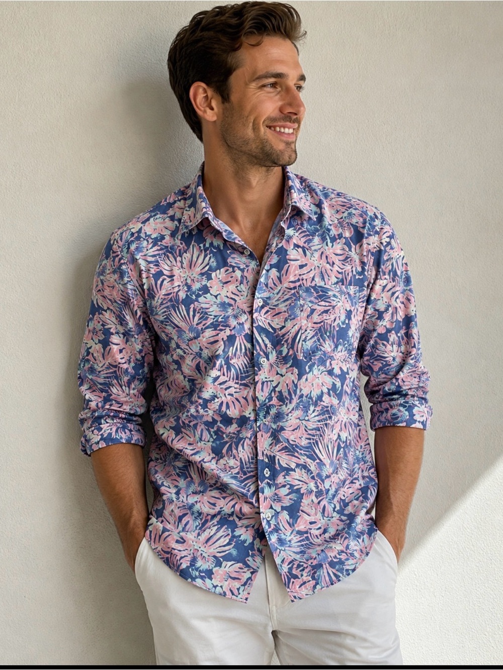 Tommy Bahama Blue & Pink Floral Casual Button-Down Shirt